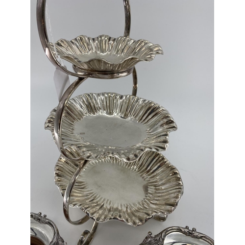 72 - A silver plated three tier sweet meat server by Walker and Hall