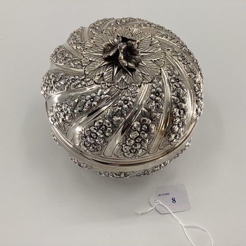 8 - Middle Eastern white metal lidded bowl, with reeded floral decoration and gilt interior, stamped AO9... 