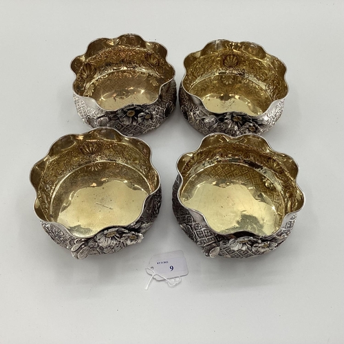 9 - Four Turkish silver rose bowls, with flared rims and applied decoration, gilt interiors, stamped Mel... 