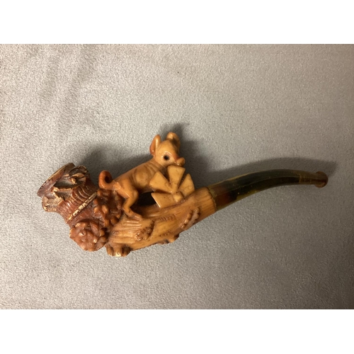 98 - Late C19th early C20th Meersham pipe with Amber mouth piece and topped by a carving of a pig, in fit... 