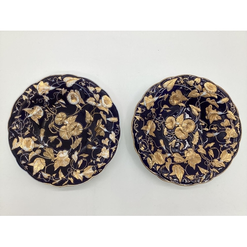 337 - A pair of C20th Dresden style porcelain bowls wth cobalt blue ground and gilt floral decoration mark... 