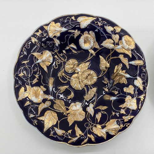 337 - A pair of C20th Dresden style porcelain bowls wth cobalt blue ground and gilt floral decoration mark... 