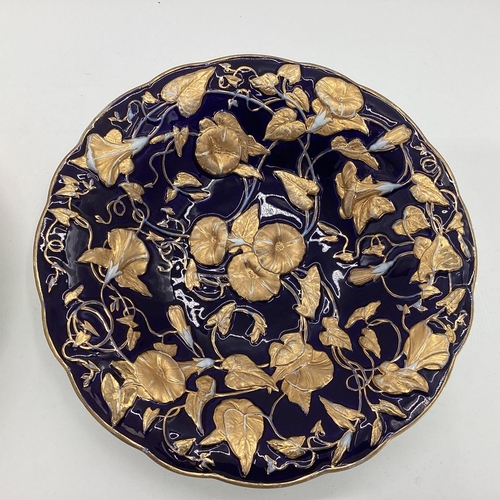 337 - A pair of C20th Dresden style porcelain bowls wth cobalt blue ground and gilt floral decoration mark... 