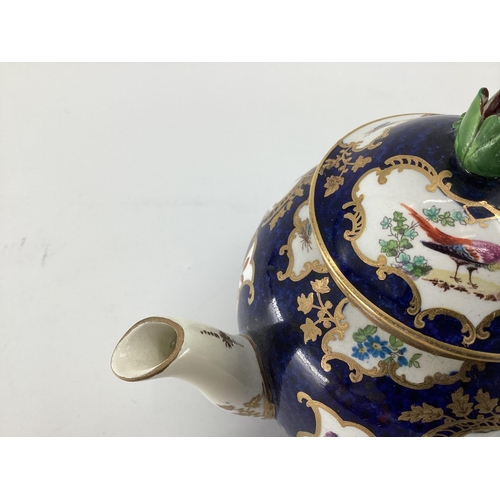 338 - A C19th Derby style part tea set , blue ground with gilt decoration with hand painted panels of flor... 