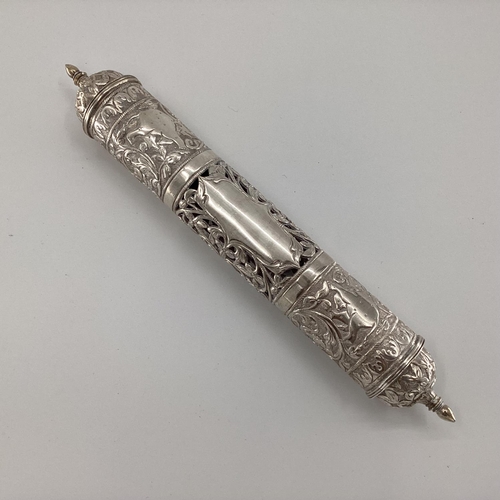 35 - Silver Middle Eastern style Prayer Scroll with pierced and raised floral decoration stamped 900, 34c... 