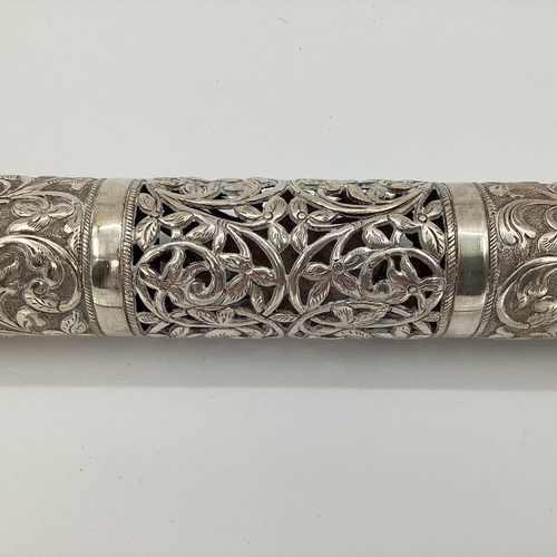 35 - Silver Middle Eastern style Prayer Scroll with pierced and raised floral decoration stamped 900, 34c... 