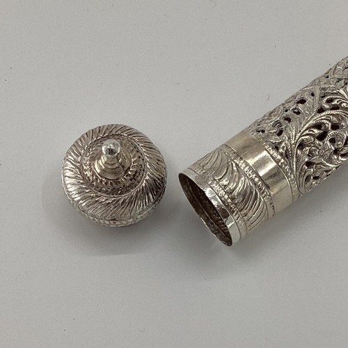 37 - An unmarked white metal Middle Eastern style Prayer Scroll with pierced decoration, 24cm, 197g