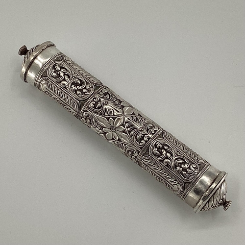 38 - An unmarked white metal Middle Eastern Prayer Scroll with cast floral decoration 28cm , 315g