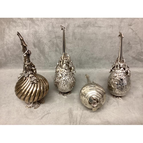 40 - One Turkish Silver Damar 900 and three Unmarked white metal rose water dispensers with cast floral d... 