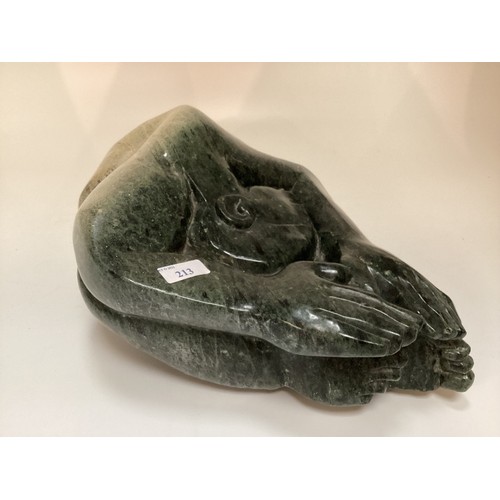 213 - Gideon Nynhongo (born 1967) Reclining figure, abstract green marble sculpture, 46cmc 38cm, signed to... 