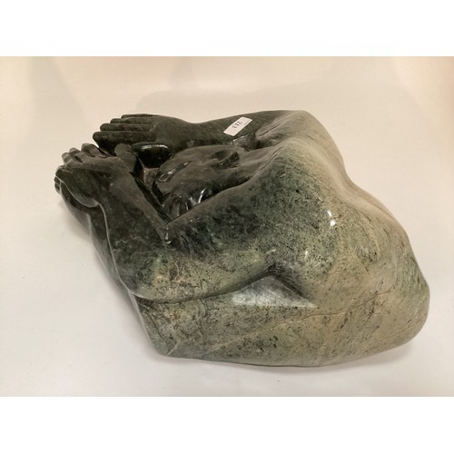 213 - Gideon Nynhongo (born 1967) Reclining figure, abstract green marble sculpture, 46cmc 38cm, signed to... 