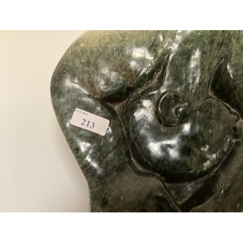 213 - Gideon Nynhongo (born 1967) Reclining figure, abstract green marble sculpture, 46cmc 38cm, signed to... 