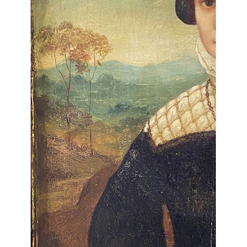 400 - Oil on board, of a girl in Elizabethan dress, with rosemary beads , in landscape with castle in back... 