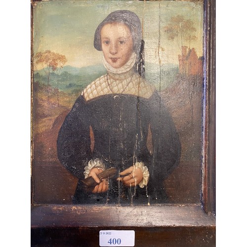 400 - Oil on board, of a girl in Elizabethan dress, with rosemary beads , in landscape with castle in back... 