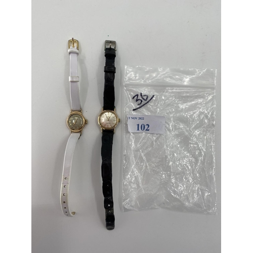 102 - A 9ct gold 18mm cased Ladies ROLEX precision wristwatch together with an OMEGS Ladymatic wristwatch ... 