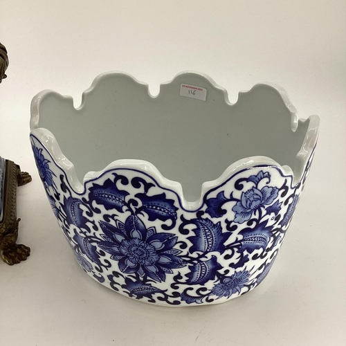 116 - Decorative Modern Blue and White China:  a large scalloped fluted edge planter 19cm high, and a tall... 