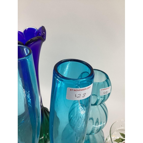 128 - A quantity of colourful decorative glassware's to include vases, bottle vases,