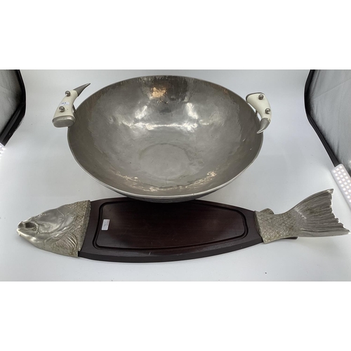 134 - A very large beaten metal style bowl, and a large board styled with fish head and fins