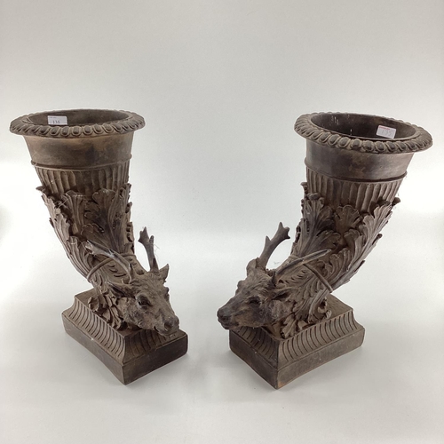 135 - Pair of modern planters/holders, modelled with  stag heads, some wear to interior,