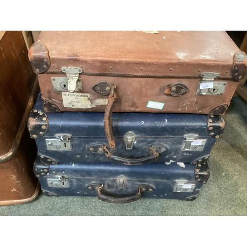 147 - Vintage suitcases and trunks, including Globe Trotters, all with much wear, buy as seen