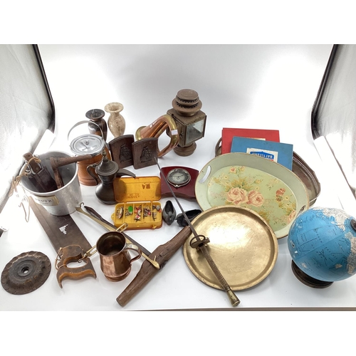 152 - Quantity of collectables including metal wares, trays, brass, globe etc, see images