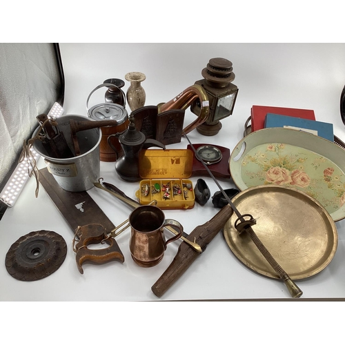 152 - Quantity of collectables including metal wares, trays, brass, globe etc, see images