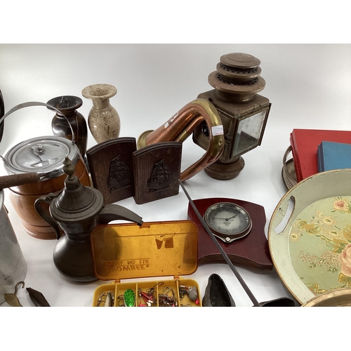 152 - Quantity of collectables including metal wares, trays, brass, globe etc, see images