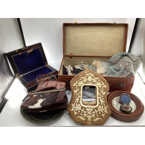 153 - leather suitcase, boxes, mirrors, vintage leather goods, writing slope,  frames etc