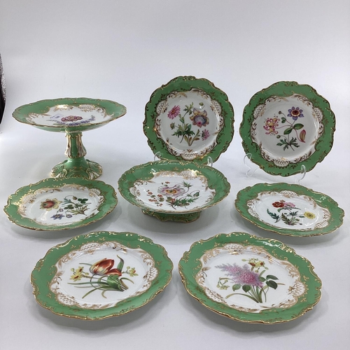 160 - A C19th Crown Staffordshire comport and cake plate, with six plates, green and gilt edges hand paint... 