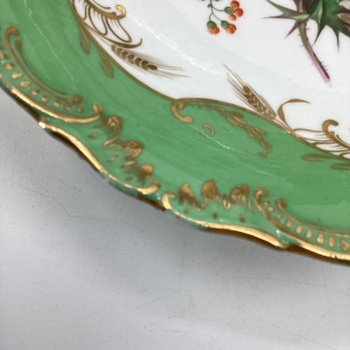 160 - A C19th Crown Staffordshire comport and cake plate, with six plates, green and gilt edges hand paint... 