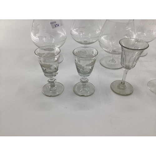 174 - 4 brandy balloons engraved racing scenes and 13 other port and sherry glasses