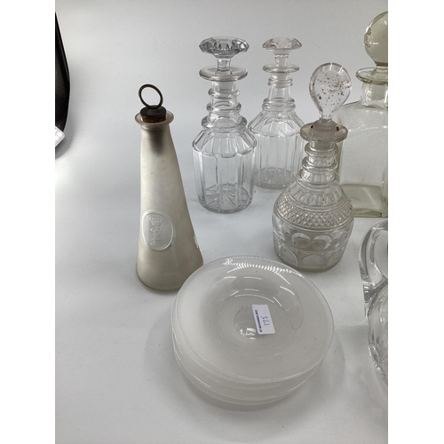 175 - Quantity of decanters, pair of claret jugs, and a frosted glass small corked vase, engraved Harringt... 