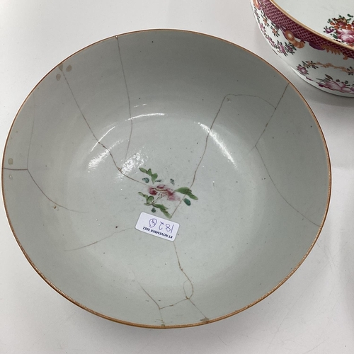 182 - 4 Chinese bowls 26cm diameter and smaller, all with cracks