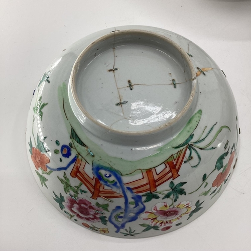 182 - 4 Chinese bowls 26cm diameter and smaller, all with cracks