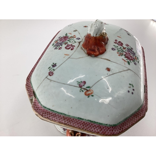 184 - Chinese famille rose octagonal lidded tureen (the lid broken and riveted) and a continental C19th tu... 