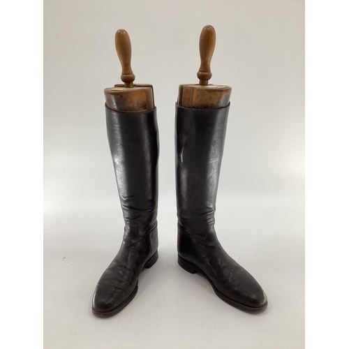 190 - Pair of black leather hunting boots by Rowell and Sons Melton Mowbray with wooden trees