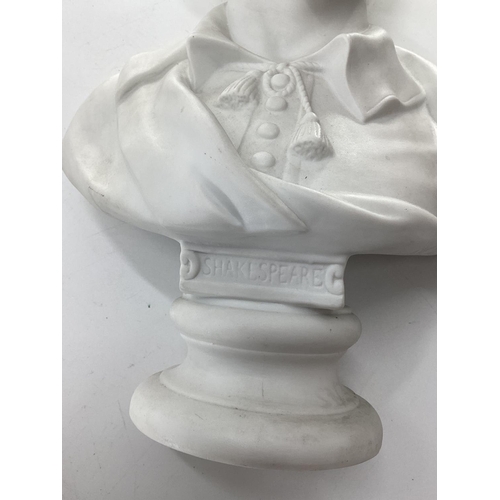 213 - A Parian ware bust of William Shakespeare on a turned lacquered socle base 37cm