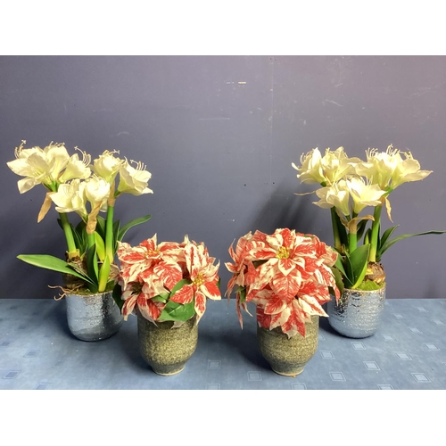 221 - Two pairs of  faux flowers arrangements: a  pair of red and white variegated Poinsettia, in mottled ... 