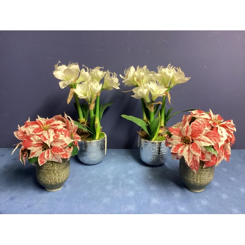 221 - Two pairs of  faux flowers arrangements: a  pair of red and white variegated Poinsettia, in mottled ... 