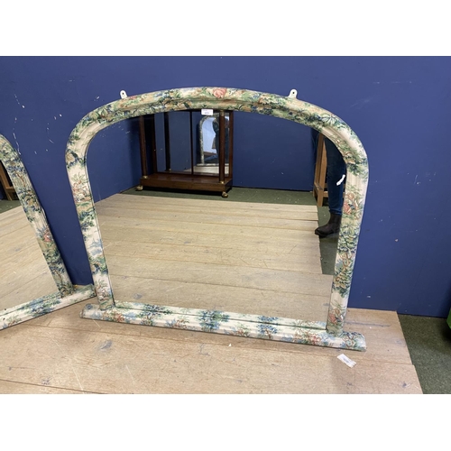 231 - A pair of Victorian overmantel mirrors, arched plate with later converted fabric frame, 95 x 120cm