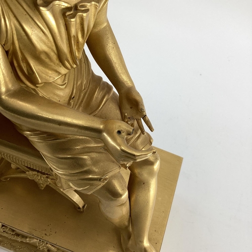 234 - Gilded French mantle clock, flanked by figures of Grecian women sat on Regency style cross stretcher... 