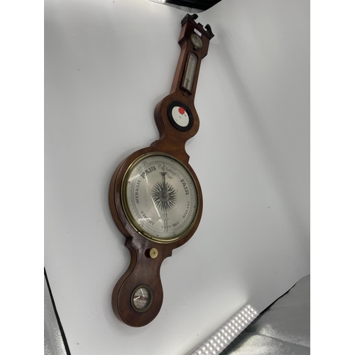 235 - Mahogany and line inlaid wall barometer, with swan neck broken pediment , 112cm overall heigh