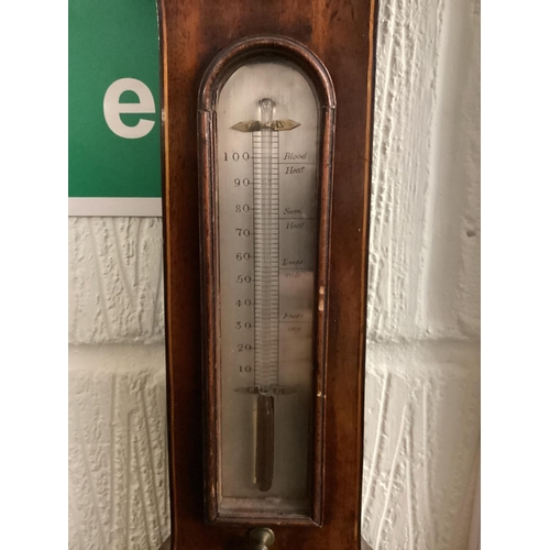 235 - Mahogany and line inlaid wall barometer, with swan neck broken pediment , 112cm overall heigh