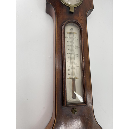 235 - Mahogany and line inlaid wall barometer, with swan neck broken pediment , 112cm overall heigh