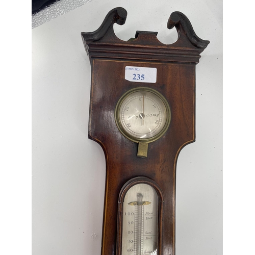 235 - Mahogany and line inlaid wall barometer, with swan neck broken pediment , 112cm overall heigh