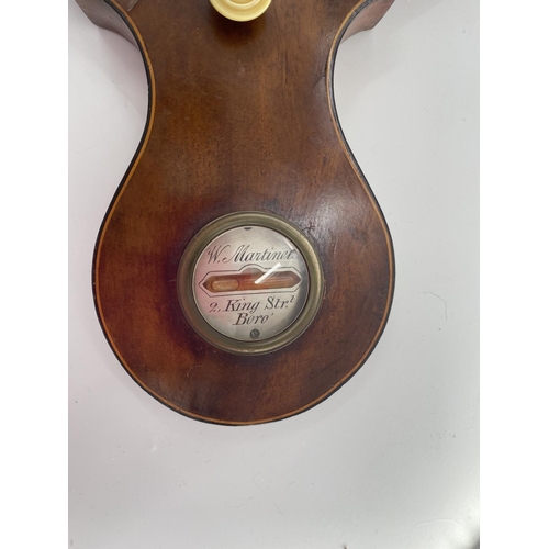 235 - Mahogany and line inlaid wall barometer, with swan neck broken pediment , 112cm overall heigh