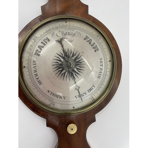 235 - Mahogany and line inlaid wall barometer, with swan neck broken pediment , 112cm overall heigh