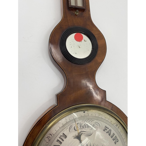 235 - Mahogany and line inlaid wall barometer, with swan neck broken pediment , 112cm overall heigh