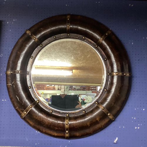 249 - Pair of modern circular porthole style mirrors, bevelled plate with metal bound faux leather frames,... 