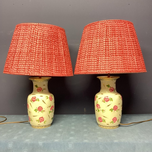 252 - Pair of china lamps, decorated pink flowers, with pink POOKY silk pleated lampshades, lamps 36cmH